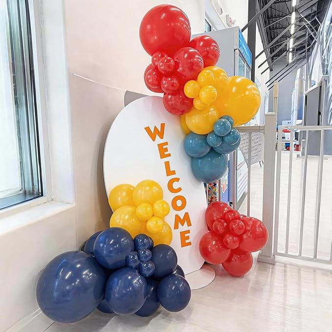 Jobkoo Red Blue Yellow Balloon Arch Kit with 4D Silver Ball Foil Balloons, Dusty Navy Blue Red Yellow Latex Balloons Garland for Carnival Circus Birthday Baby Shower Party Decorations