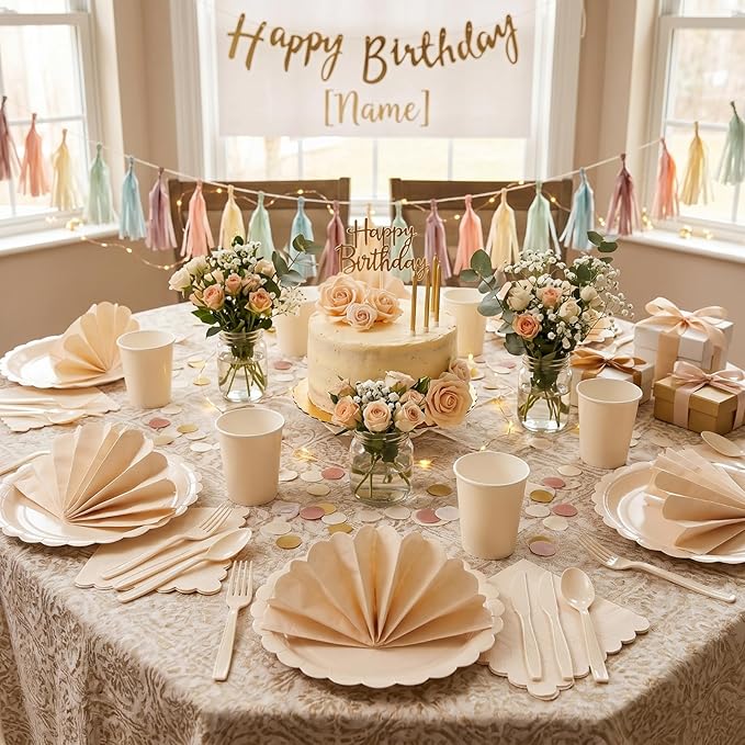 120 Pcs Ivory Paper Plates and Napkins Party Supplies, 7 Inch Cream Plates Scalloped Disposable Tableware for Bridal Baby Shower Wedding Birthday Party Decorations, Serve 60 Guests