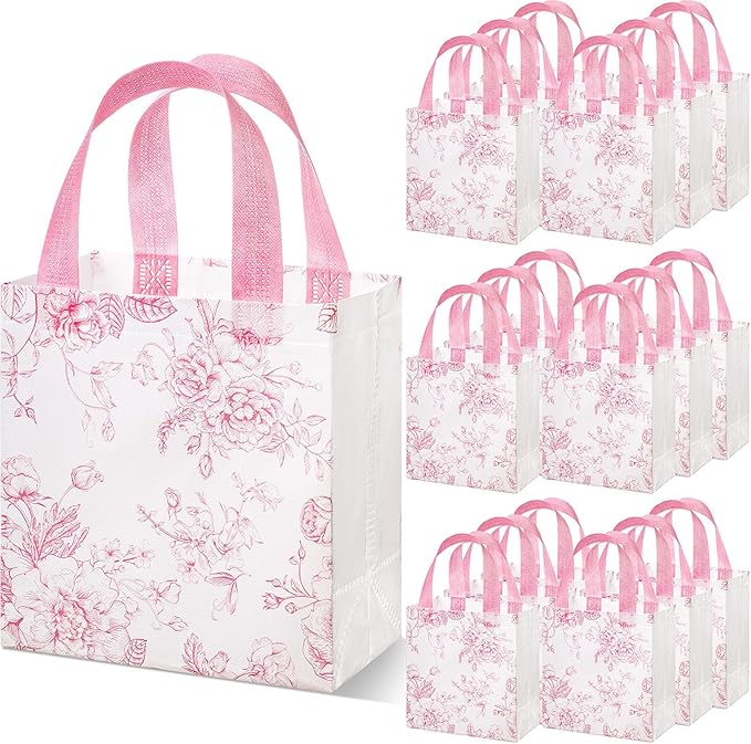 Sweetude 16 Pcs Pink Floral Gift Bags with Handles, Reusable Non-woven Tote Bags, Pastel Spring Flower Party Favors for Graduation, Wedding, Baby Shower, Bridal Shower, Birthday