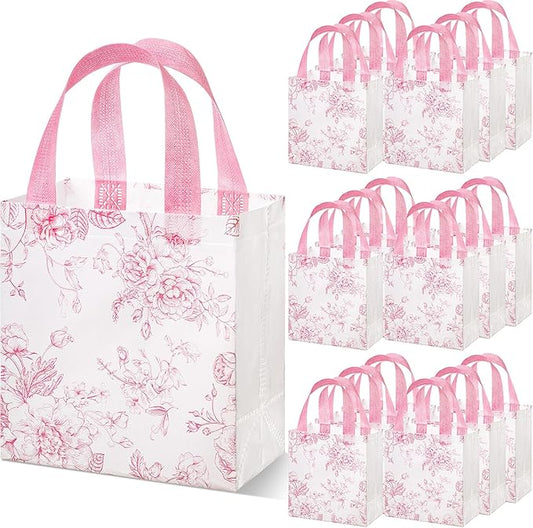 Sweetude 16 Pcs Pink Floral Gift Bags with Handles, Reusable Non-woven Tote Bags, Pastel Spring Flower Party Favors for Graduation, Wedding, Baby Shower, Bridal Shower, Birthday