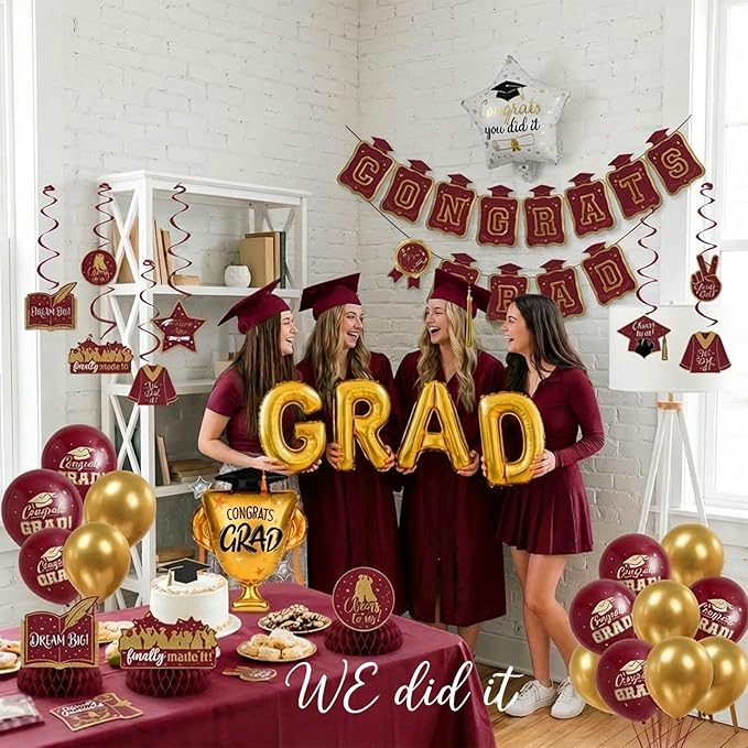 Maroon Gold Balloons Burgundy GRAD Print Balloons with Banner Table Honeycomb Centerpieces Hanging Swirl trophy star GRAD Letters Mylar Balloons for 2026 graduate Prom Decorations