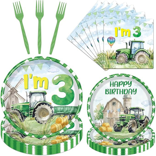 Rakuto Tractor Birthday Party Decorations, 96PCS Tractor 3rd Birthday Disposable Paper Plates and Napkins Decorations, Farmer Themed 3 Years Old Tractor Decor Supplies Serve 24