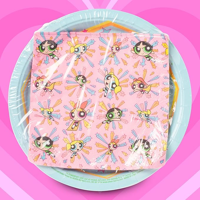 Silver Buffalo The Powerpuff Girls Featuring Blossom, Bubbles, and Buttercup 32 Pack Partyware Disposable Paper Plates and Napkins