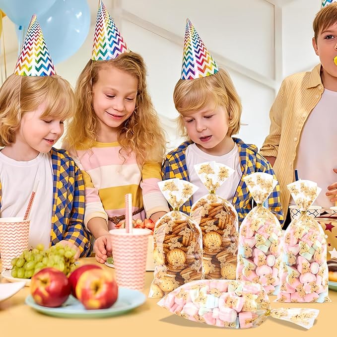 100 Pcs 5 x 11 Inch Clear Cellophane Treat Bags with 100 Gold Twist Ties, Bear Printed Food-Safe Plastic Bags for Gift Wrapping, Birthday, Wedding, Valentine's Day, Party, Classroom Gifts
