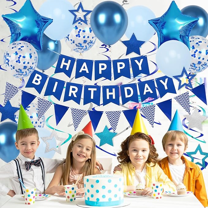 Blue Birthday Decorations, Happy Birthday Banner and Blue Star Balloons, Glitter Hanging Stars with Hanging Swirls, Bunting Banner, for Women Men Boys Party Decoration
