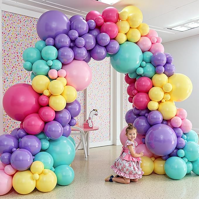 412pcs Purple Blue Pink Balloon Garland Arch Kit, 18 12 10 5 inch Different Sizes Hot Pink Metallic Purple Teal Yellow Balloons for Kid Magic Baby Shower Birthday Engagement Party Decoration