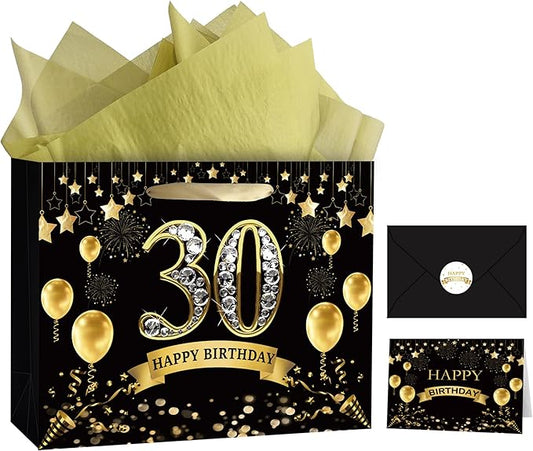 OIIVPOK 30th Birthday Gift Bag, Happy Birthday Bag with Tissue Paper and Greeting Card for Party, Happy 30th Bithday Bags for Women Men, 12.6" Medium Gift Bags (30th)