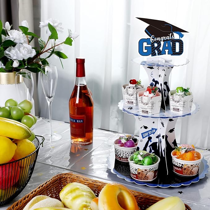 Nuenen 2 Pcs Graduation Cupcake Stand 3 Tier Black Graduation Cupcake Holder Class of 2026 Congrats Grad Cake Holder Dessert Tower for Grad Party Decorations Supplies Favors(Blue)