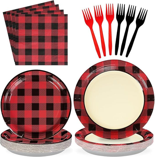 96PCS Red and Black Buffalo Plaid Graduation Party Supplies Lumberjack Plaid Party Plates and Napkins Disposable Graduation Red Black Gingham Tableware for Birthday Vintage Party Decorations Serves 24