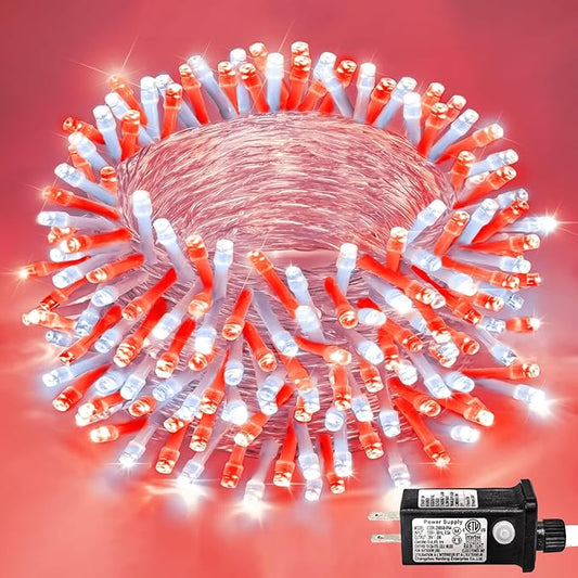 250 LED Red and White Christmas Lights Outdoor, 82ft String 8 Modes Clear Wire, Plug-in Waterproof Twinkle Fairy Lights for Bedroom Christmas Decorations