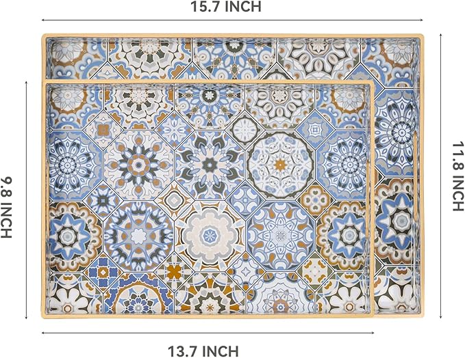 AGIOTA 2 Pcs Serving Tray with Handles Bohemian Decorative Tray Large Ottoman Trays for Living Room Blue Coffee Table Trays for Breakfast