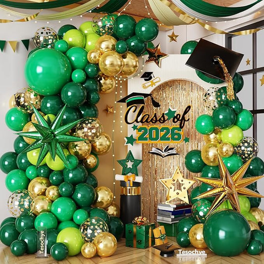 Tesochye 147 PCS Green and Gold Balloon Garland Arch Kit,Dark Green Gold Confetti Balloons with Exploding Star Foil Balloons for Graduation Class of 2026 Anniversary Birthday Jungle Party Decorations