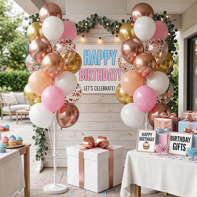 Set of 2 Balloon Column Kit with Nude&Pastel Pink&Metallic Gold White Balloons, Base and Pole - DIY Balloon Tower Stand for Party Decorations, Wedding Backdrop, Birthday, Bridal Shower