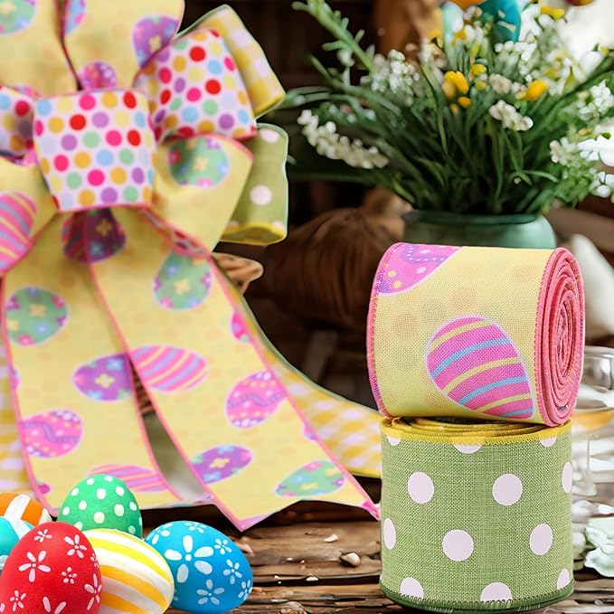 LaRibbons Double Faced Easter Ribbon Wired 2 Rolls 2.5 Inch x 12 Yards TTL, Pink Green Yellow Polka Dot Plaid Burlap Ribbon for Baskets Crafts Gift Wrapping Wreath Bow Decoration