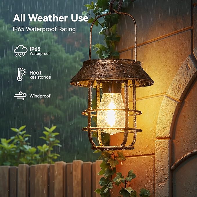 Ahaorigin Solar Lanterns Outdoor Waterproof, High Brightness Hanging Solar Lights for Outside with Wall Hooks, Retro Metal Outdoor Lanterns Auto On/Off for Porch, Patio, Yard Decor 4 Pack