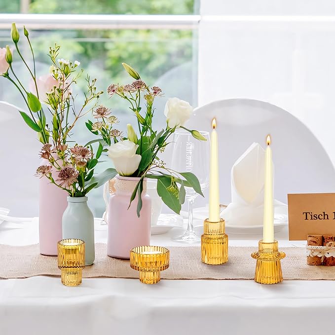 Taper Votive Candle Holder for Pillar Candles Tealight, Candlestick Holder for Wedding Christmas Tea Party, Boho Ribbed Vintage Crystal Glass Table Centerpiece Decor, Bulk Set of 6 (Amber)