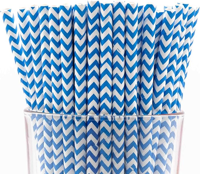 Pack of 300 Sky Blue Chevron Biodegradable 4-Ply Paper Drinking Straws (Compostable, Non-toxic, BPA-free)