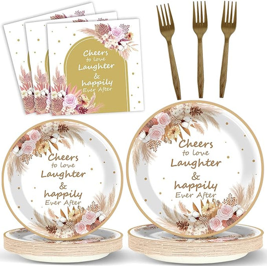 OBUSATT Boho Bridal Shower Party Supplies: 96Pcs Boho Floral Wedding Paper Plates, Napkins, Forks - Disposable Party Decorations for Engagement, Birthday, Wedding Parties