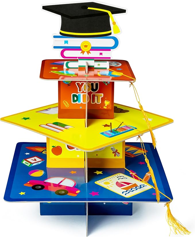 Haooryx Kindergarten Graduation Cupcake Stand - 3-Tier Preschool Graduation Cupcake Tower Decorations Cardboard Round Candy Dount Dessert Holder for Kindergarten Graduation Party Table Decor Supplies