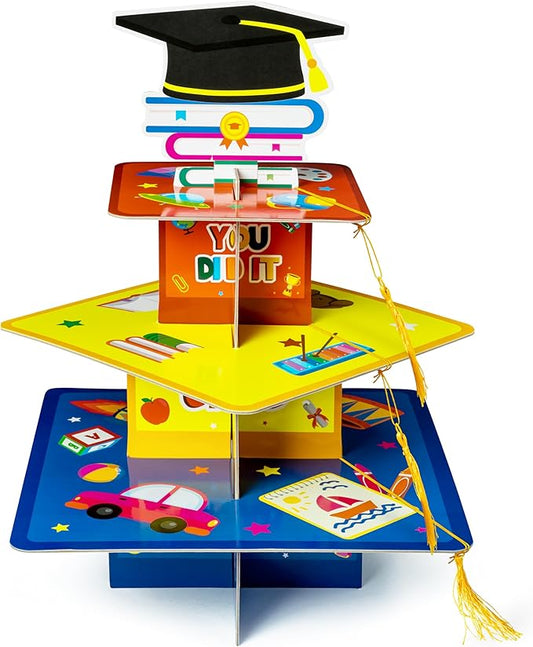 Haooryx Kindergarten Graduation Cupcake Stand - 3-Tier Preschool Graduation Cupcake Tower Decorations Cardboard Round Candy Dount Dessert Holder for Kindergarten Graduation Party Table Decor Supplies