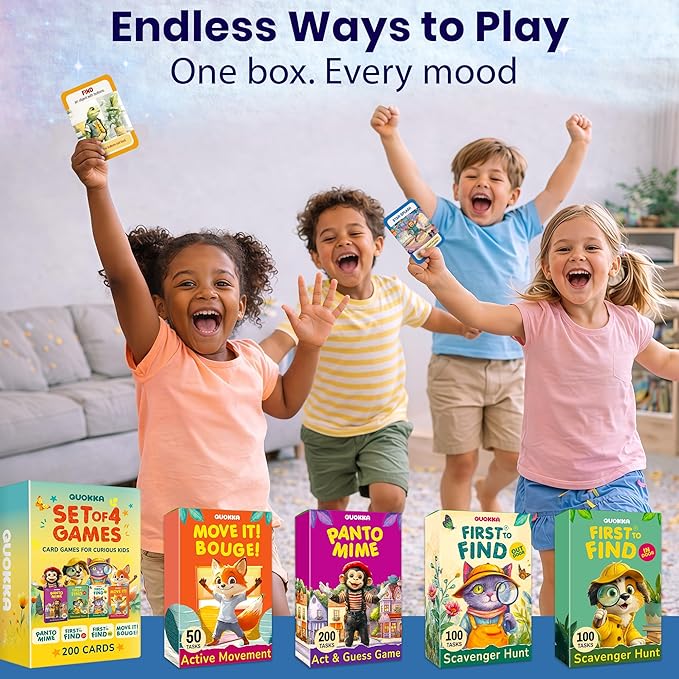 QUOKKA Kids Card Game Set Ages 4–8 – 4 Games in 1 Box with 450 Tasks, Scavenger Hunt, Charades, and Animal Movement Games for Indoor & Outdoor Family, Home & Classroom Play