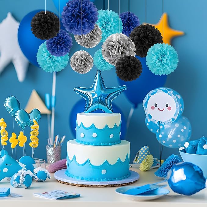 20 PCS Tissue Paper Pom Poms, Tissue Pom Poms Flowers, Sizes of 6", 10", 12", 14" Hanging Paper Flower Ball for Wedding, Birthday, Graduation, Baby Shower Party Decor (Black Silver Blue)