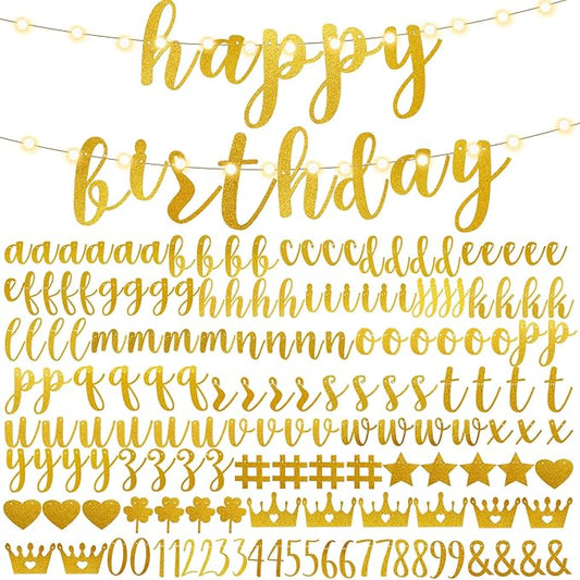 TaoBary 167 Pcs DIY Banner Kit Happy Birthday Glitter Banner Customizable Glitter Make Your Own Kit 162 Letters Symbols and Numbers 3 Rope for Birthday Halloween Wedding Christmas(Gold)