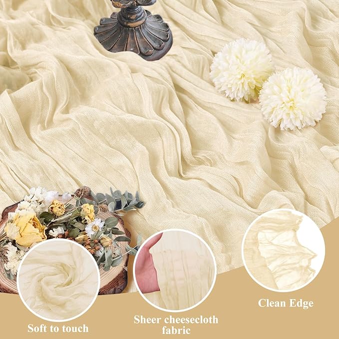 Asee'm 12pcs Cheesecloth Table Runner 120 Inches Long Beige Boho Gauze Cheese Cloth Runner 10FT Rustic Sheer Table Runners for Christmas Wedding Party Baby Shower Spring Easter Decoration