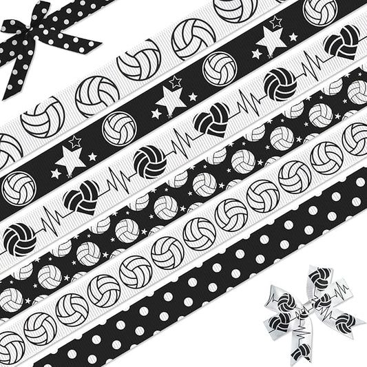 Volleyball Ribbon, 6 Pack (5/8 Inch x 3 Yards Each), Black White Sports Grosgrain Ribbon, Stars & Heartbeat Pattern for Team Gift Wrapping, Hair Bows, Party Decoration
