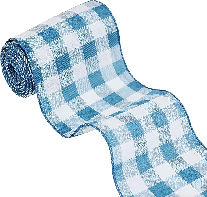Meseey 4 Inch x 10 Yards Blue White Buffalo Check Wired Ribbon, Farmhouse Wired Edge Ribbon for Large Wreaths, Big Bows, Gift Wrapping, Patriotic & Everyday Home Decor