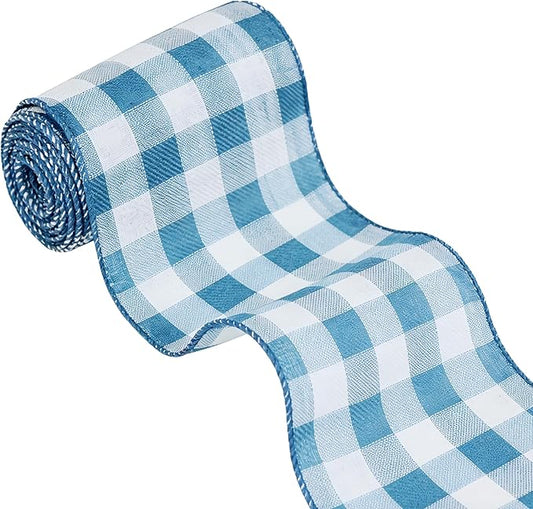 Meseey 4 Inch x 10 Yards Blue White Buffalo Check Wired Ribbon, Farmhouse Wired Edge Ribbon for Large Wreaths, Big Bows, Gift Wrapping, Patriotic & Everyday Home Decor