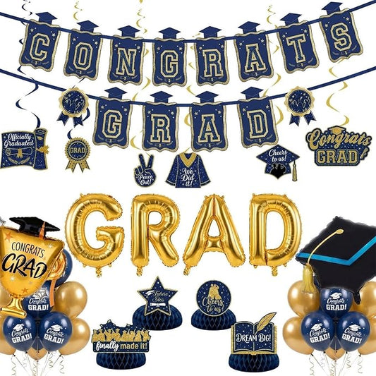 Graduation Decorations 2026 - Navy Blue and Gold Party Supplies Kit: Banner, Grad Balloons, Table Centerpieces & Hanging Swirls for Class of 2026 Graduate Prom Decorations