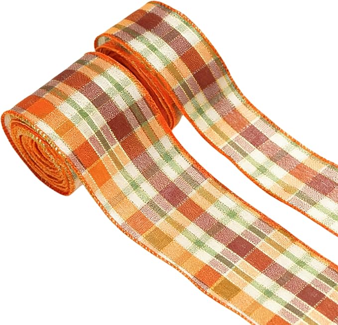 Meseey 20 Yards Fall Plaid Wired Ribbon, 1.5 Inch & 2.5 Inch Buffalo Plaid Burlap Ribbon, Tartan Check Wired Edge Ribbon for Big Bows, Fall Wreaths, Gift Wrapping & DIY Crafts (Burgundy/Orange)