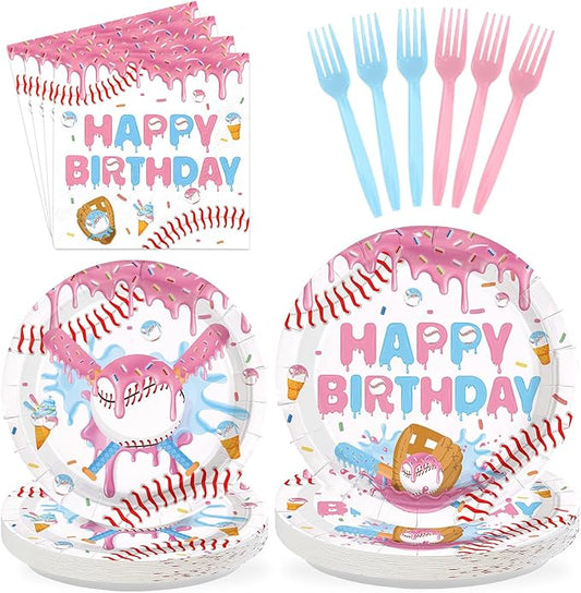 96Pcs Ice Cream Drip Baseball Party Decoration Pin Blue Baseball Plates and Napkins Sports Themed Tableware Set for Summer Team Celebration Game Day Birthday Party Supplies, Serves 24
