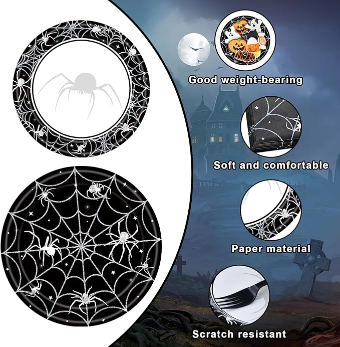 96 Pieces Halloween Tableware Set – Spider Web Themed Disposable Party Supplies with Paper Plates, Napkins, and Forks for Haunted House Parties, Spooky Dinners, and Halloween Events – Serves 24