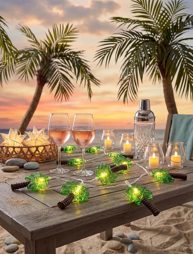 12Ft Summer Beach Hawaiian String Lights - 20 LED Palm Tree Lights for Luau Pool Decor, Hawaii Theme Summer Outdoor Indoor Tropical Party Decorations