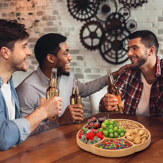 Cididu 12'' Lazy Susan Serving Tray, Bamboo Food Tray, Appetizer Divided Serving Platter Dishes, 360° Rotating Relish Party Tray, 6 Compartments Bamboo Tray for Snack Nut Fruit Veggie Chip and Dip