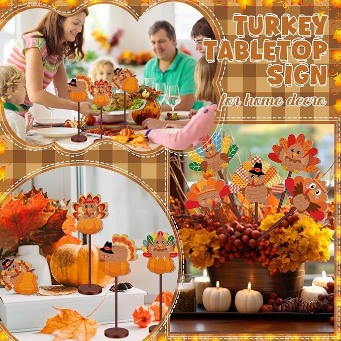 Geelin 10 Pcs Thanksgiving Turkey Decoration Wooden Turkeys Thanksgiving Table Sign Centerpiece Wood Tall Standing Block Set for Party Farmhouse Office Harvest Day Desk Decoration(Cute Turkey)