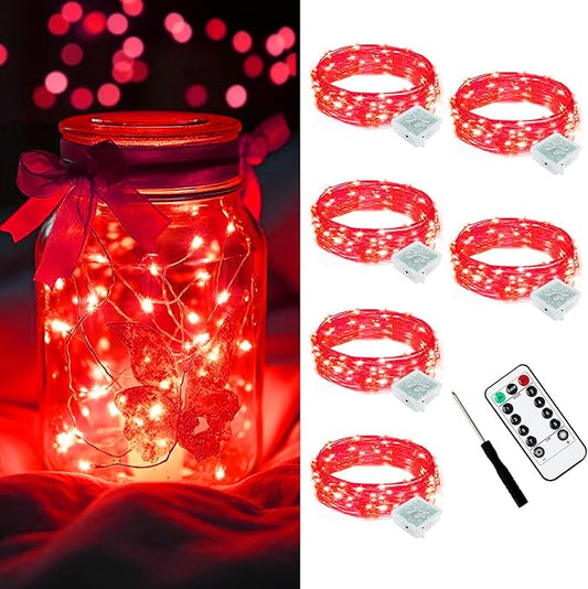 AIKEI 6 Pack LED Fairy Lights with Timer Battery Operated, Mini String Lights with Remote Waterproof 7ft 20 Led Firefly Starry Lighting for Wedding Party Bedroom Garden Christmas Decoration Red