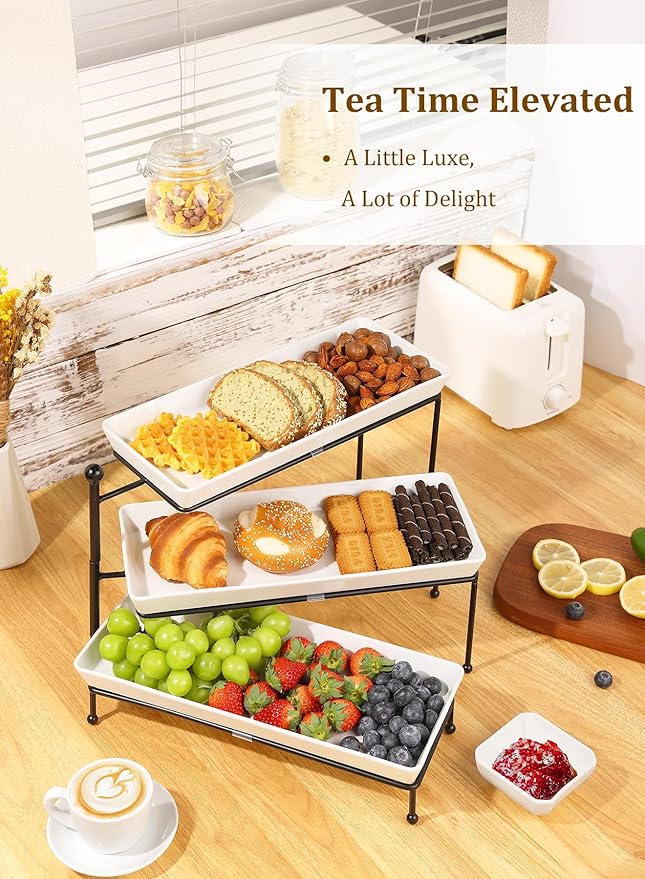 3 Tiered Serving Stand, Foldable Rectangular Food Display Stand with White Platters - Serving Trays, Dessert Display Server for Brithday Party, Valentine's Day and Events