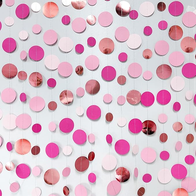 Hot Pink Rose Gold Party Decorations Circle Dots Garland Hanging Polka Dot Streamer for Girls Birthday Bachelorette Baby Shower Wedding Bridal Shower Anniversary Hen Party Supplies