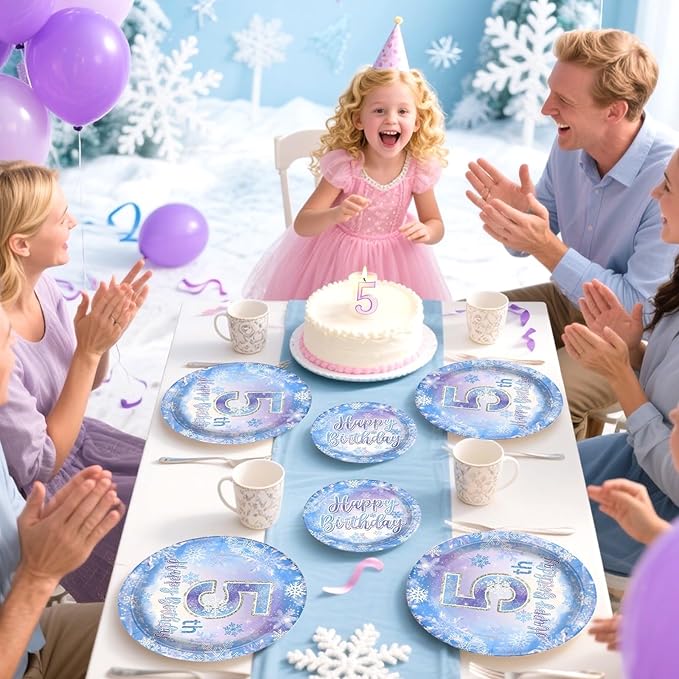 Grencian 96Pcs Frozen Party Supplies Plates Winter Onderland 5th Birthday Plates Winter Snowflake Happy 5th Birthday Tableware Disposable for Kids Girls Frozen Themed Party Christmas