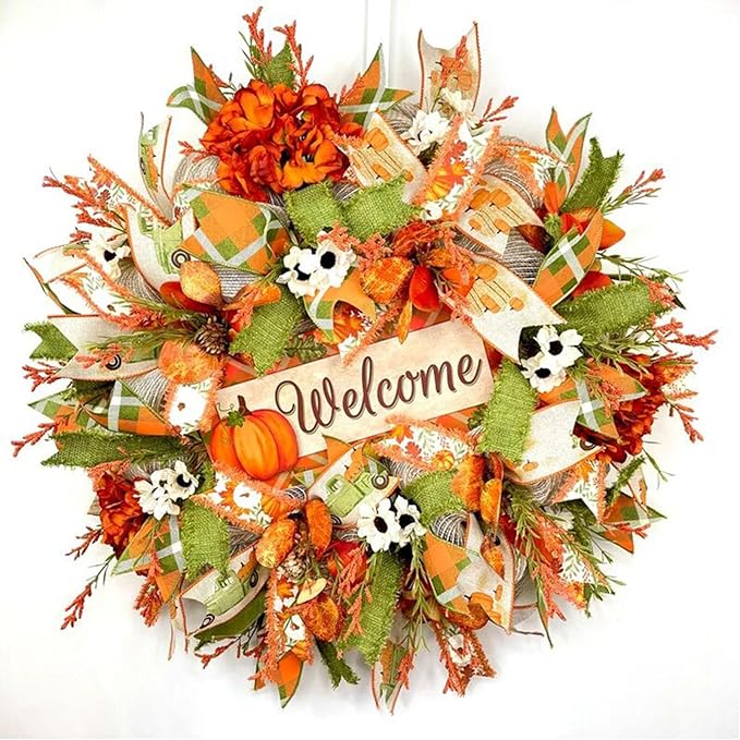 3 Rolls Orange Gold Green Deco Mesh Ribbon for Wreath Making Supplies, 10 Inch x 30FT Metallic Foil Burlap Deco Mesh Fabric for Fall Thanksgiving Halloween Door Wreath Swags and Decorating