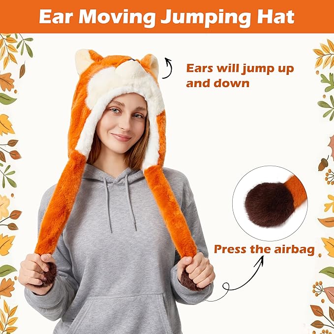 Surblue Animal Hat with Ears Moving Jumping Winter Plush Cap Halloween Christmas Party for Adult Teenager, One Size