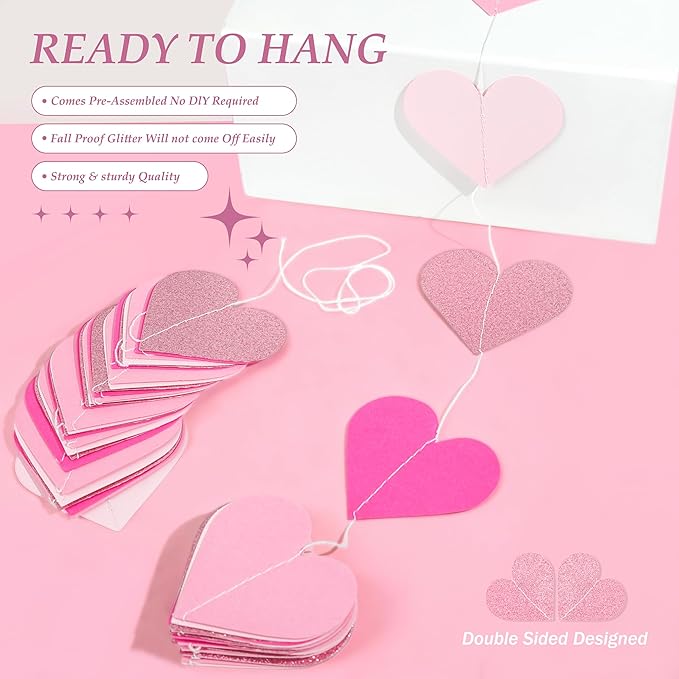 40 Feet Hot Pink Birthday Banner Streamers Heart Valentines Day Garland Paper Banner Hanging Party Supplies, Special Hanging Party Wedding Bachelorette Engagement Baby Shower Decorations