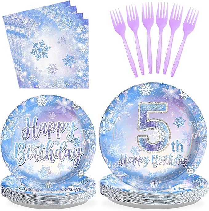 Grencian 96Pcs Frozen Party Supplies Plates Winter Onderland 5th Birthday Plates Winter Snowflake Happy 5th Birthday Tableware Disposable for Kids Girls Frozen Themed Party Christmas