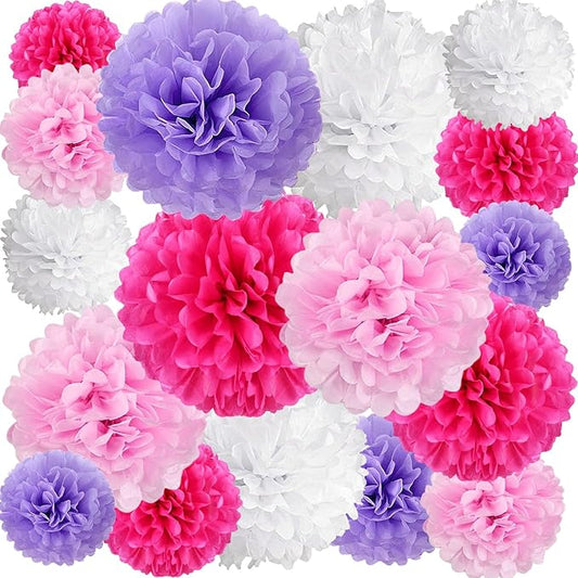 20 PCS Tissue Paper Pom Poms, Tissue Pom Poms Flowers, Sizes of 6", 10", 12", 14" Hanging Paper Flower Ball for Wedding, Birthday, Halloween, Christmas, Baby Shower Party Decor (Pink Purple White)