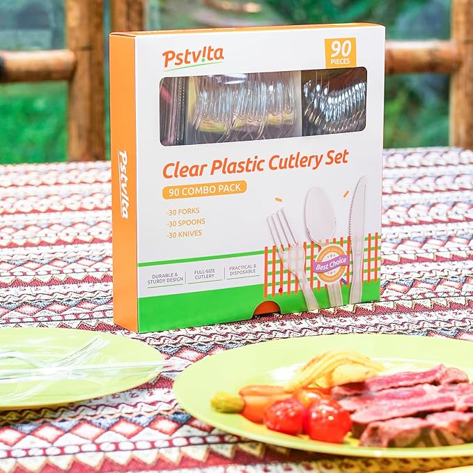 Heavy Duty Plastic Silverware - Clear Utensils Disposable Cutlery Set Pack of 90-30 Forks 30 Spoons 30 Knives