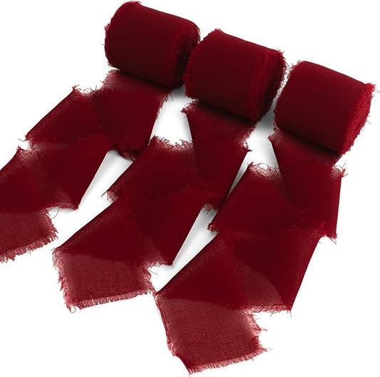 Chiffon Ribbon, Burgundy Silk 1.5''x21Yd Handmade Frayed Fringe Ribbons for Wrapping, DIY Bows, Invitations, Bridal Bouquets, Crafts, Birthday, Wedding, Engagement, Christmas Party, 3 Rolls
