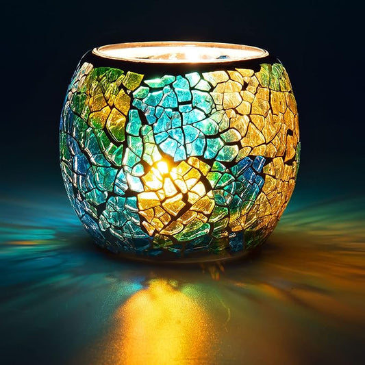 Rancco Glass Votive Candle Holder for Tealight, Romantic Mosaic Cracked Candle Holder, Candle Lamp Aromatherapy Candlescape Bowl for Valentine's Thanksgiving, Christmas Table Centerpiece, Party Decor